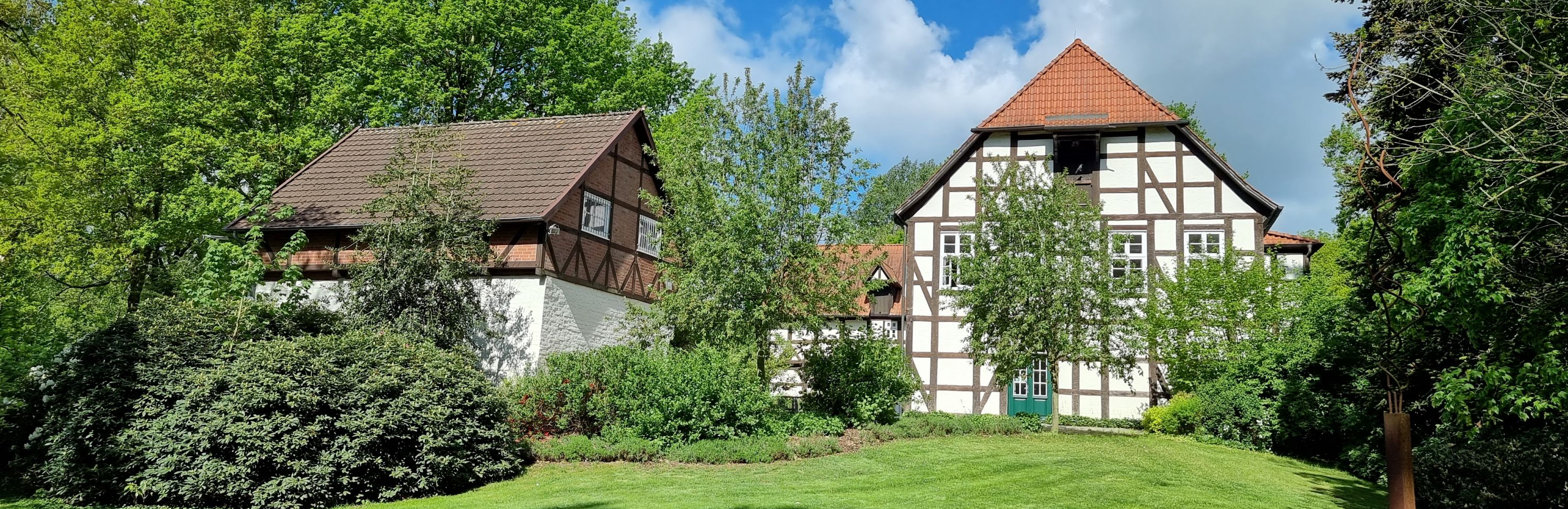 Die Freudenburg: Fachwerkhäuser inmitten einer grünen Wiese mit Bäumen